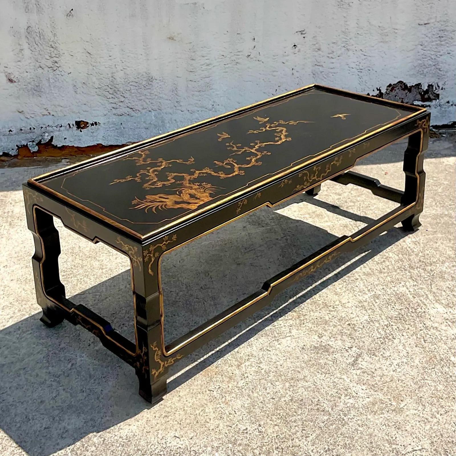 North American Vintage Asian Hand Painted Chinoiserie Ming Coffee Table