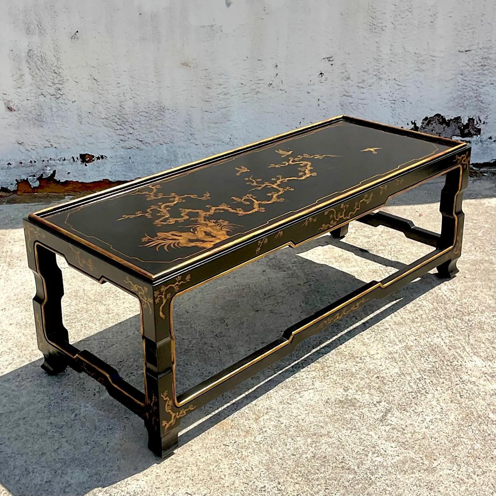 Lacquer Vintage Asian Hand Painted Chinoiserie Ming Coffee Table