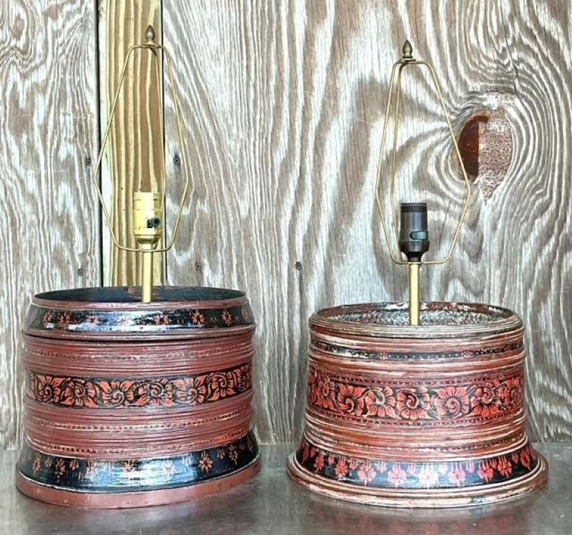 Asiatische handbemalte Trommellampen im Vintage-Stil - 2er-Set (Chinesisch) im Angebot