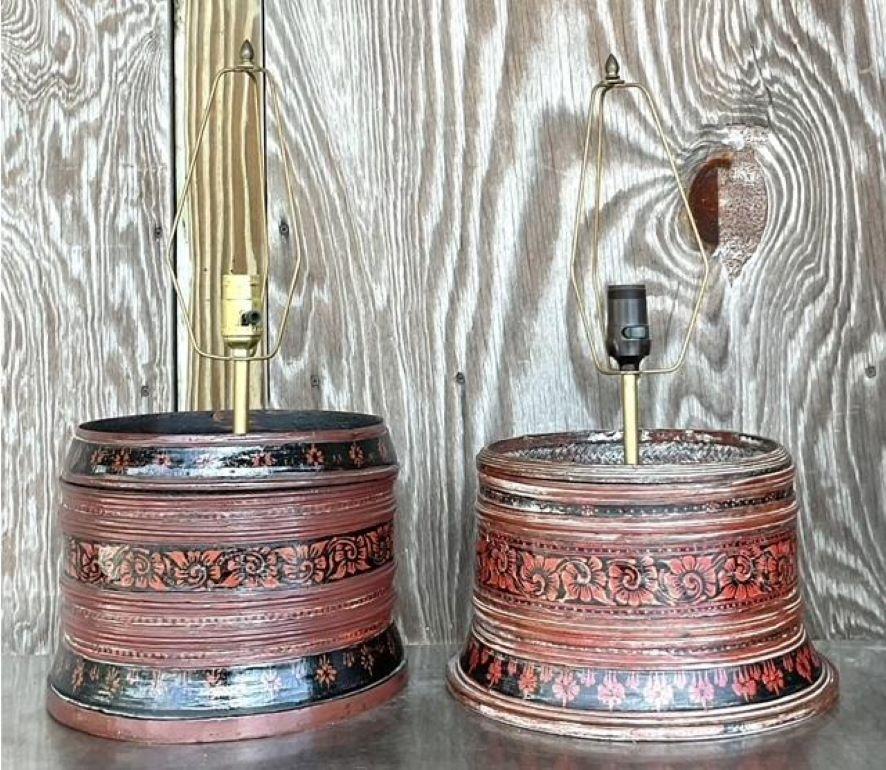 Asiatische handbemalte Trommellampen im Vintage-Stil - 2er-Set (20. Jahrhundert) im Angebot