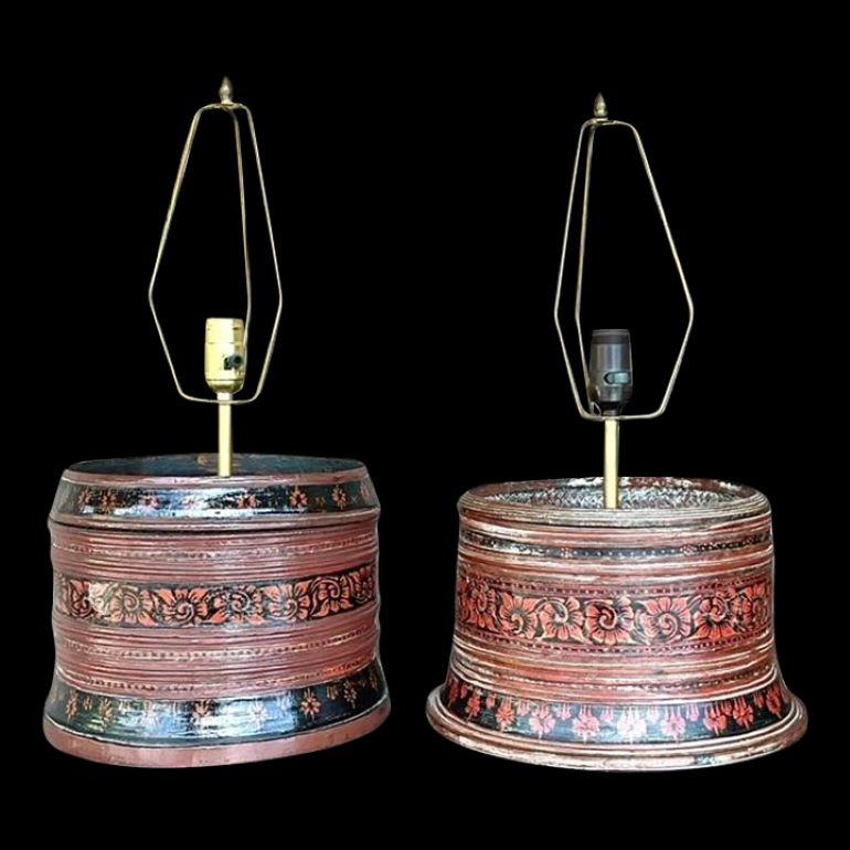 Asiatische handbemalte Trommellampen im Vintage-Stil - 2er-Set (Metall) im Angebot