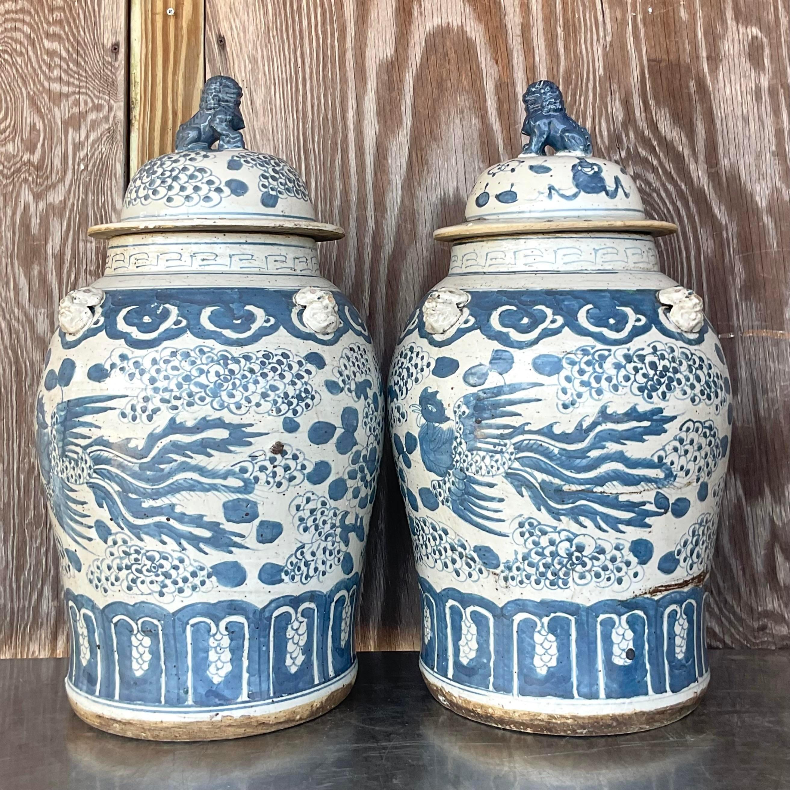 Bohemian Vintage Asian Hand Painted Phoenix Ginger Jar - a Pair