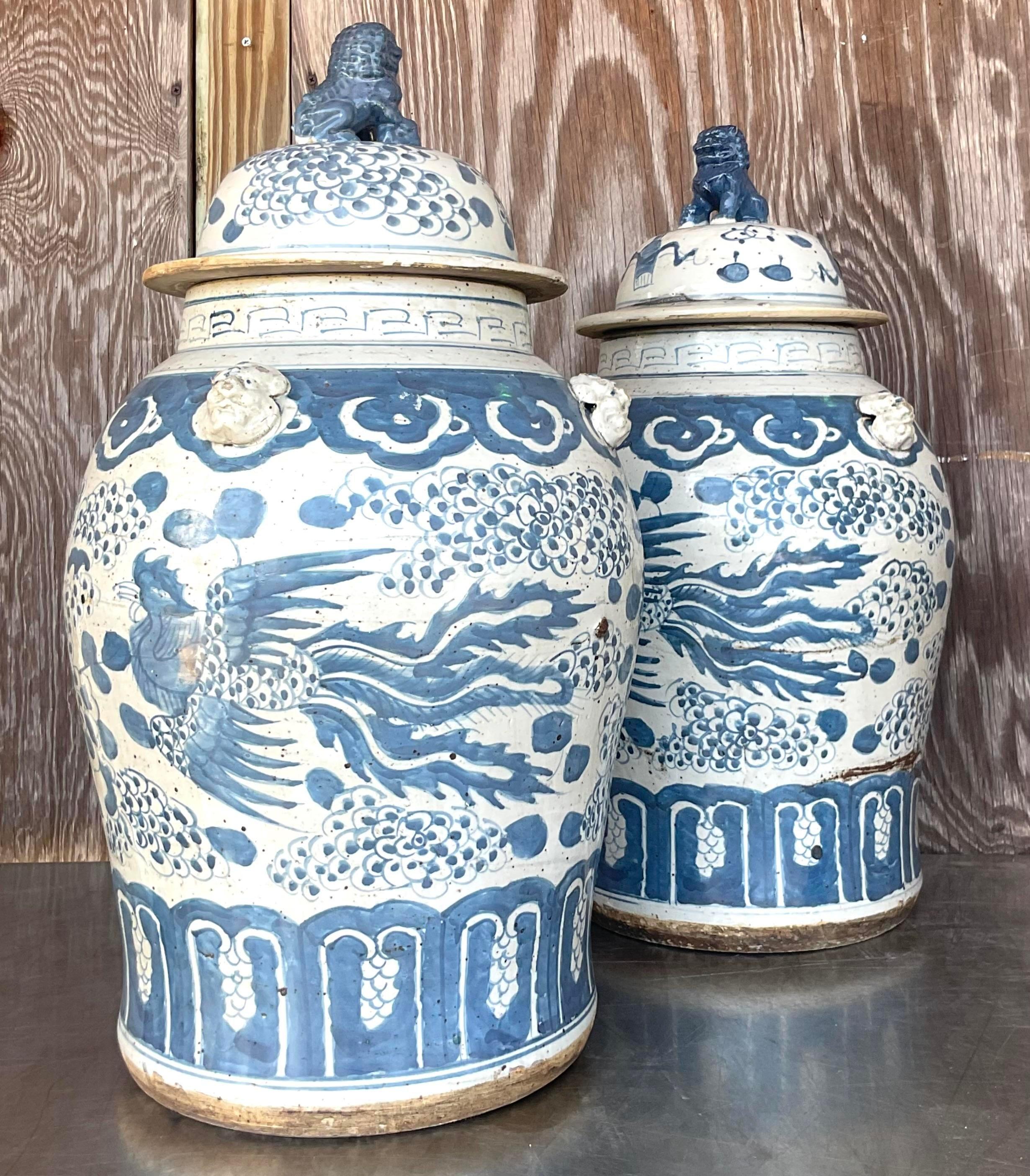 Vintage Asian Hand Painted Phoenix Ginger Jar - a Pair In Good Condition For Sale In west palm beach, FL