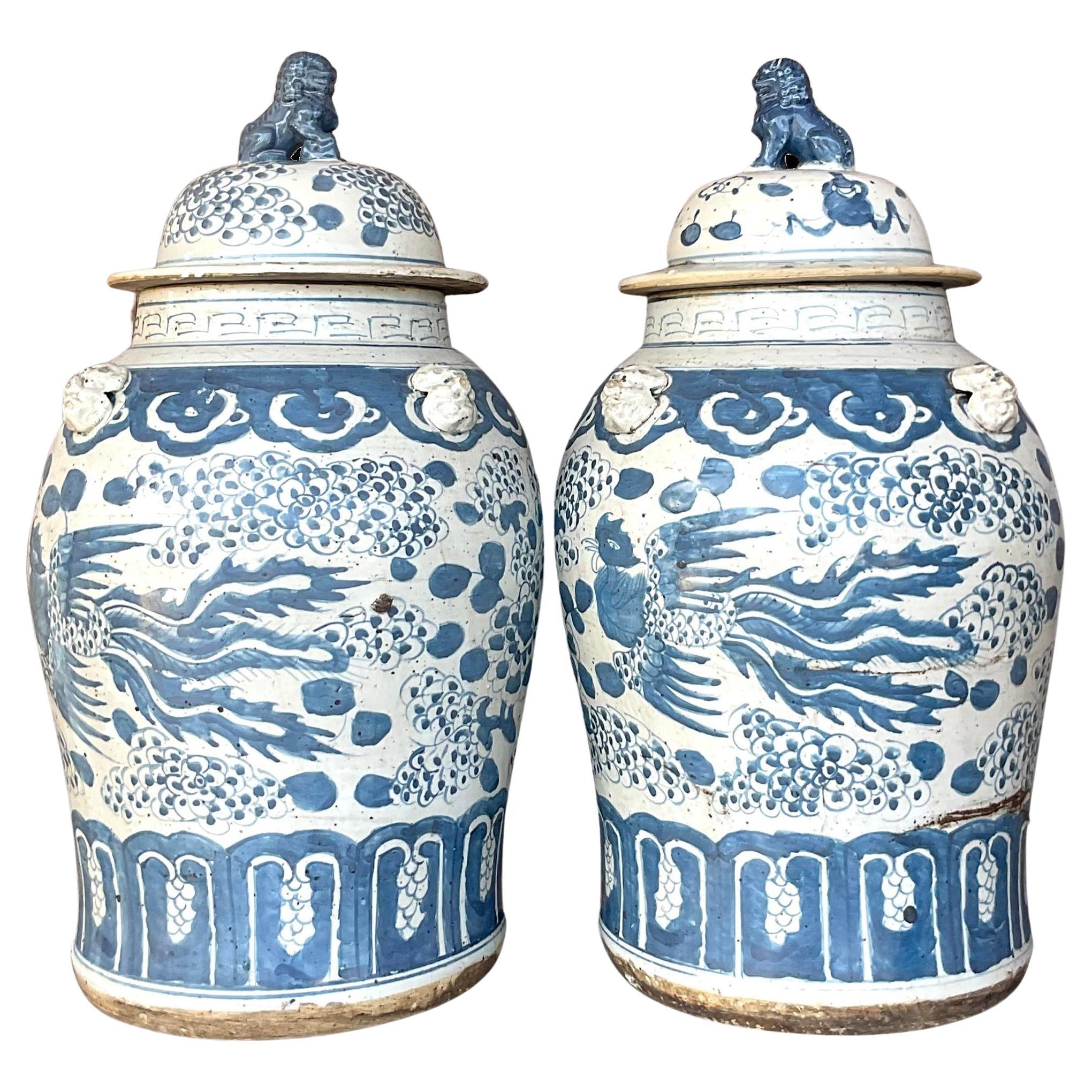 Vintage Asian Hand Painted Phoenix Ginger Jar - a Pair For Sale