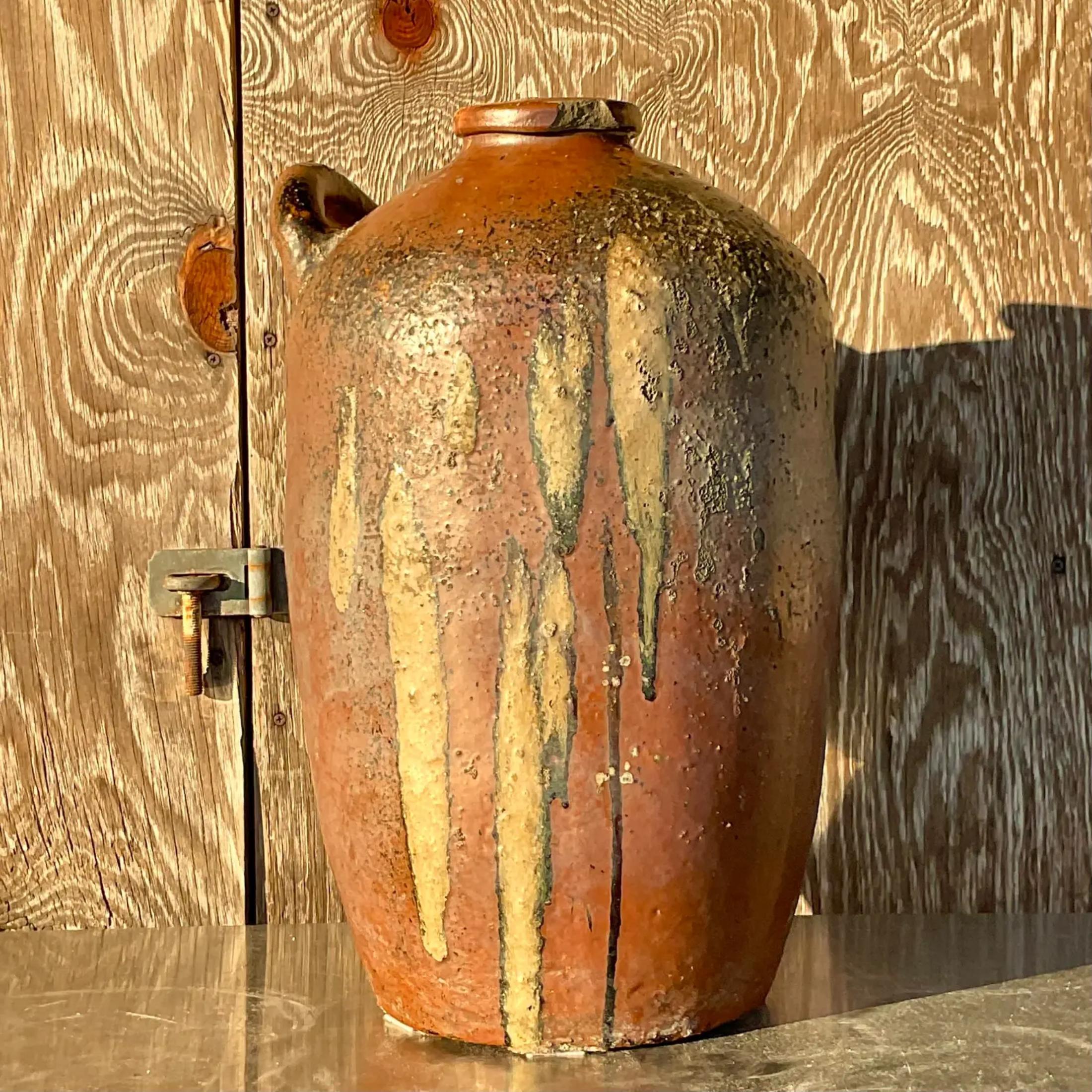 A fabulous vintage Asian urn. Beautiful hand painted with a chic abstract design. Fabulous patina from over 100 years of use. Acquired from a Palm Beach estate. 