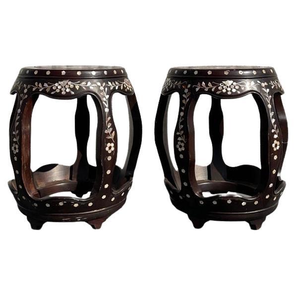 Vintage Asian Hardwood Inlay Low Stools - a Pair