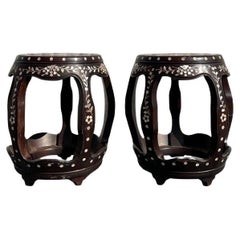 Vintage Asian Hardwood Inlay Low Stools - a Pair