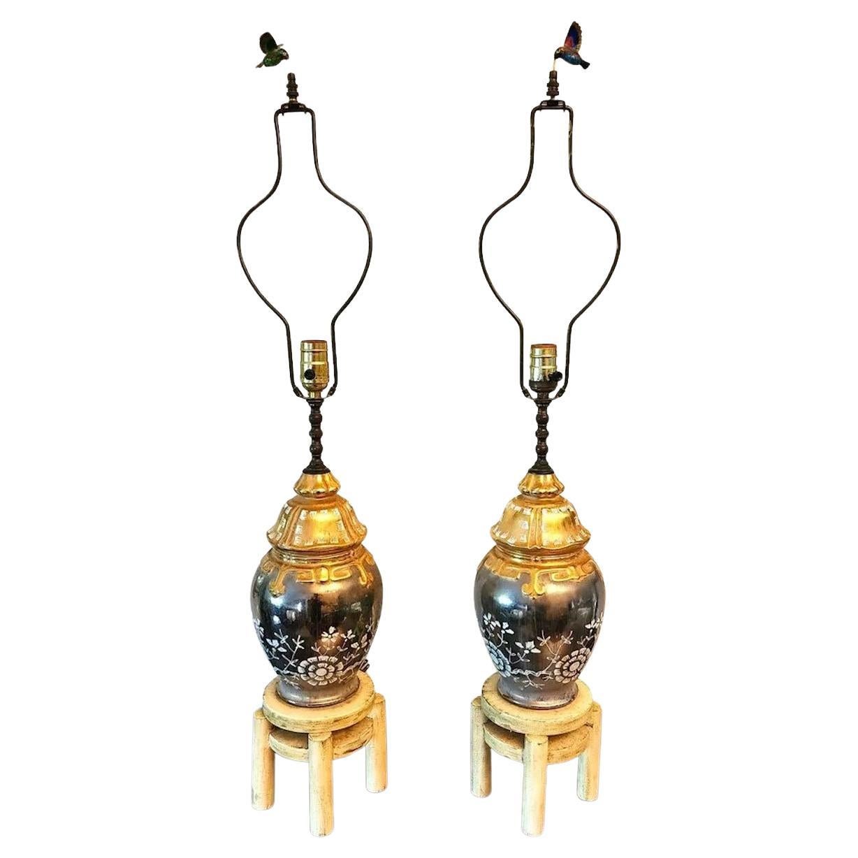 Asiatische Hummingbird-Tischlampen, Vintage, Paar