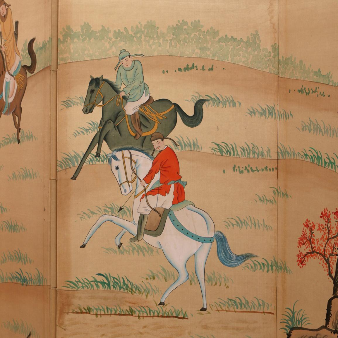 A super chic vintage asian screen showing a hunting scene with cherry blossoms. The screen has (4) 18