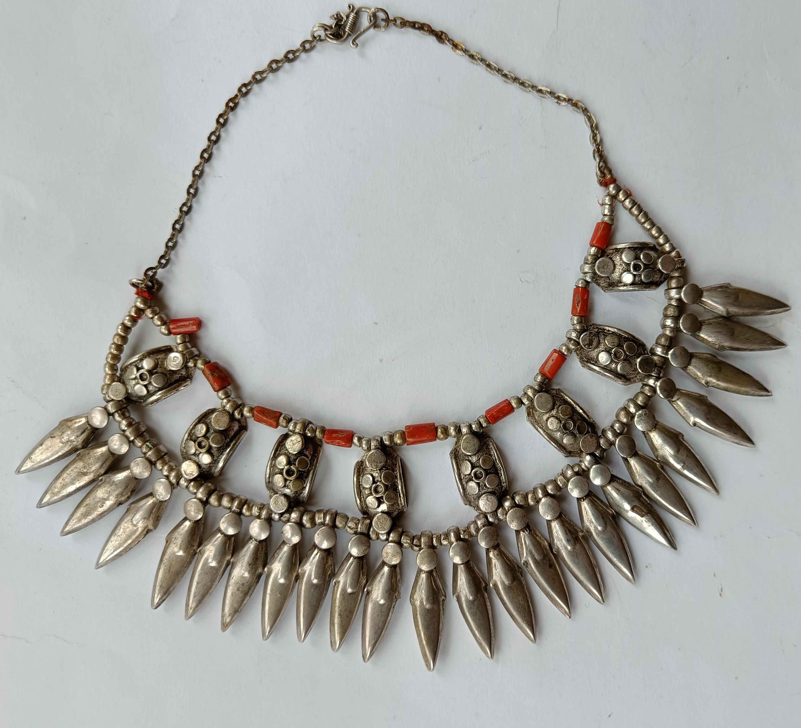 Hand-Crafted Vintage Asian Indian Tibetan  Silver coral Necklace Ladakh Tribal Jewelry  For Sale