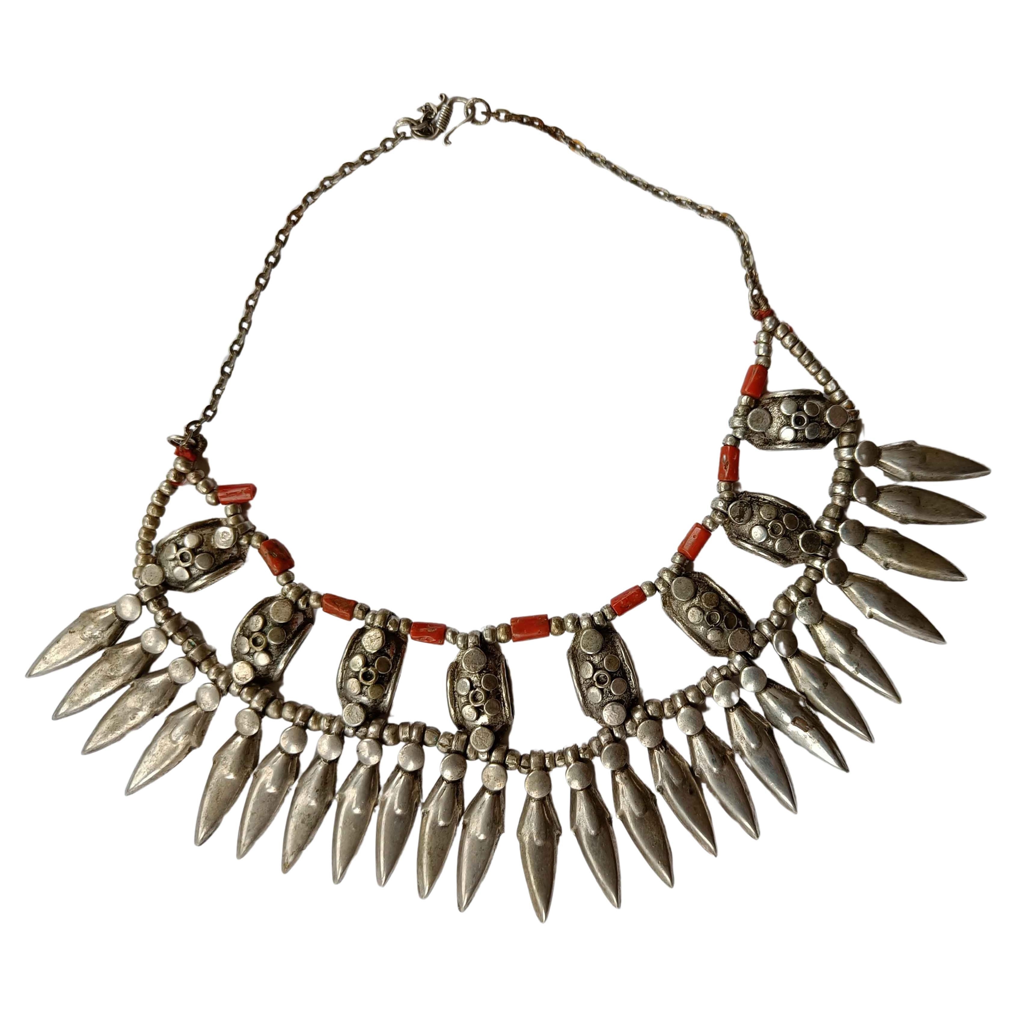Vintage Asian Indian Tibetan  Silver coral Necklace Ladakh Tribal Jewelry  For Sale