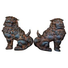 Vintage Asian Iron Curly-Haired Guardian Lions Pair Statues