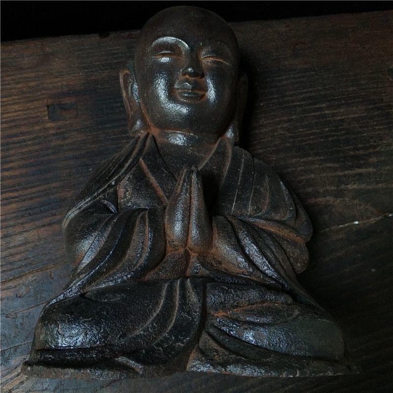 20th Century vintage Asian Iron Sitting Bald Arhat Statue For Sale