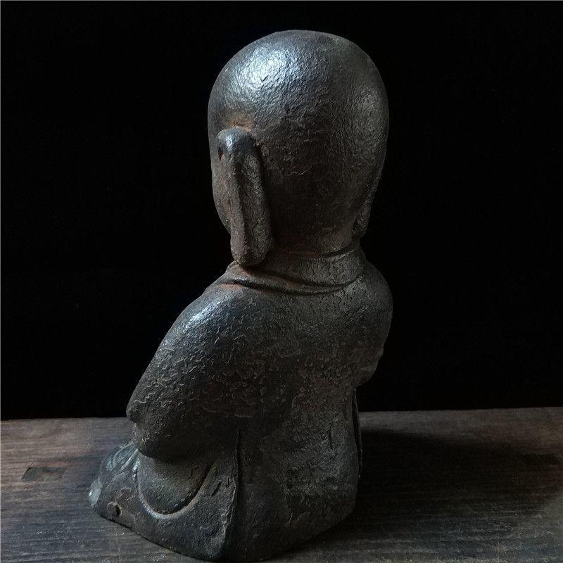 vintage Asian Iron Sitting Bald Arhat Statue For Sale 4
