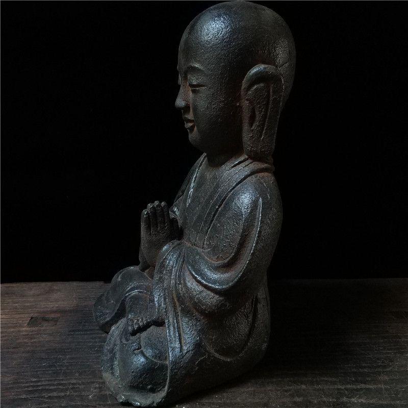 vintage Asian Iron Sitting Bald Arhat Statue For Sale 5