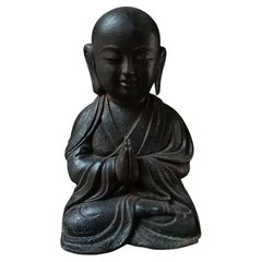 vintage Asian Iron Sitting Bald Arhat Statue