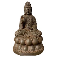Vintage Asian Iron Sitting Guan Yin Avalokiteshvara Buddha Statue