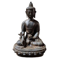 Statua asiatica vintage in ferro di Shakyamuni Buddha seduto su un loto