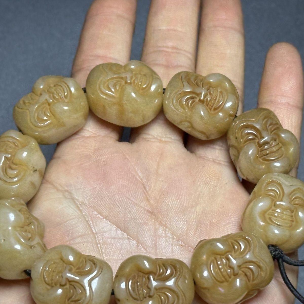 19th Century Vintage Asian Jade Carving Maitreya Buddha Head Beads Bracelet Jewelry For Sale