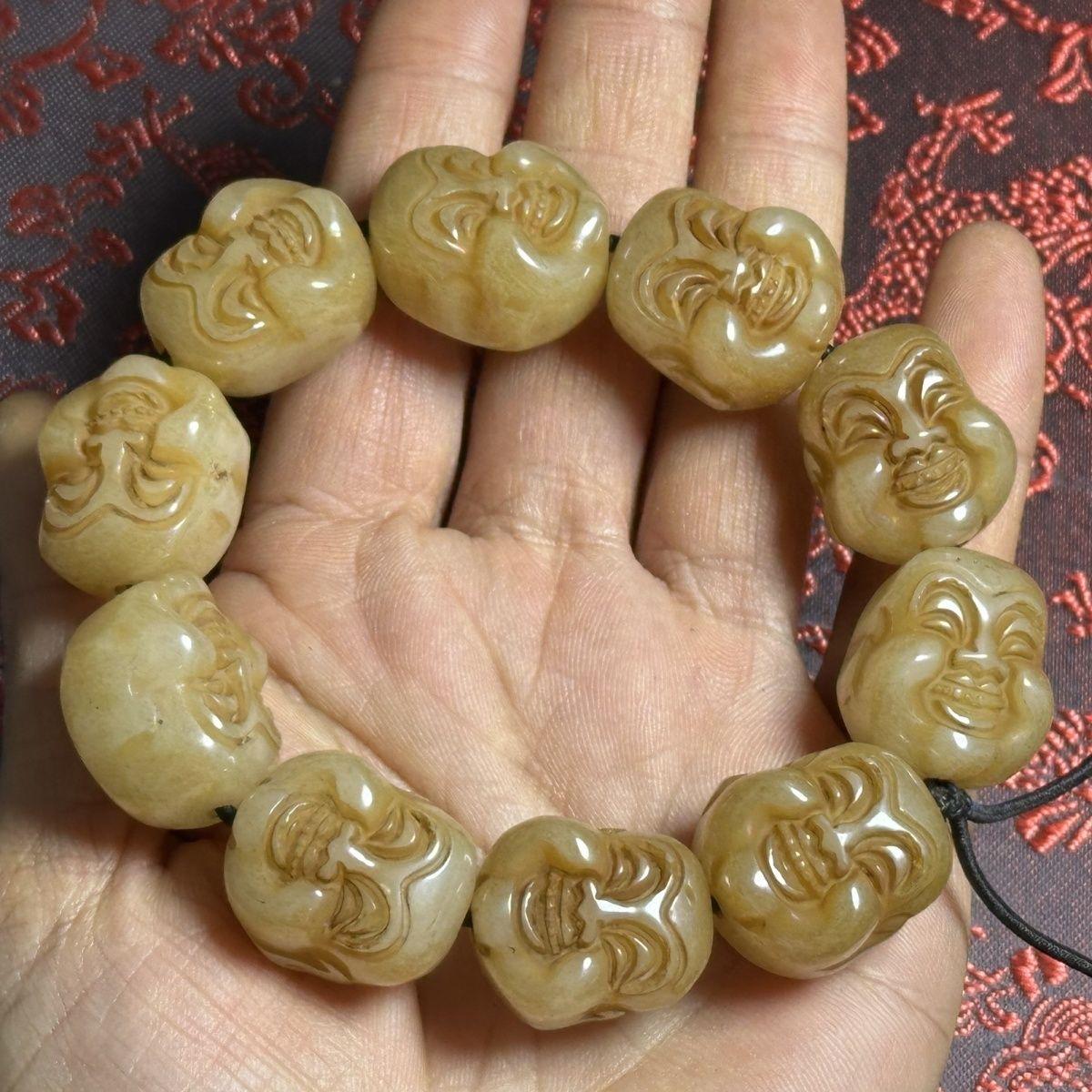 Vintage Asian Jade Carving Maitreya Buddha Head Beads Bracelet Jewelry For Sale 1