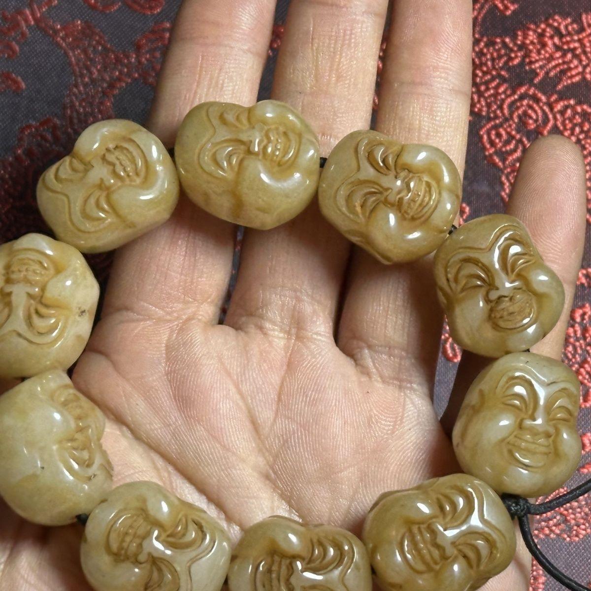 Vintage Asian Jade Carving Maitreya Buddha Head Beads Bracelet Jewelry For Sale 2