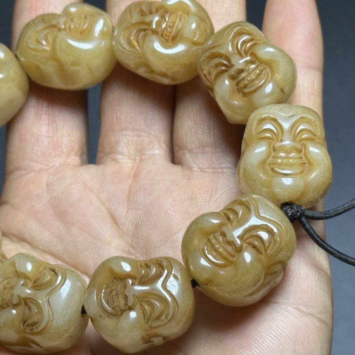 Vintage Asian Jade Carving Maitreya Buddha Head Beads Bracelet Jewelry For Sale 5
