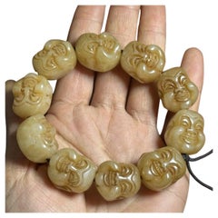 Vintage Asian Jade Carving Maitreya Buddha Head Beads Bracelet Jewelry