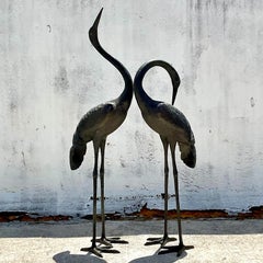 Vintage Asian Japanese Bronze Crane Sculptures, a Pair