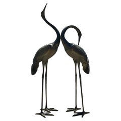 Vintage Asian Japanese Bronze Crane Sculptures, a Pair