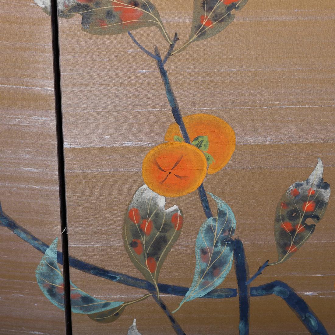A vintage Japanese folding screen offers four panels with continuous hand painted tree branch with leaves, 20th century.

Measures: 36