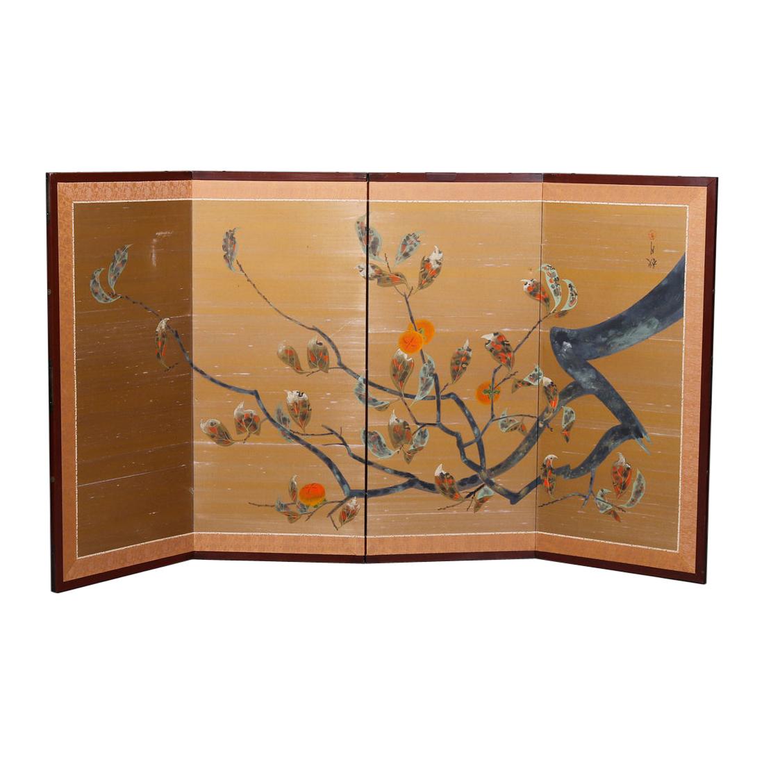 Vintage Asian Japanese Hand Painted Four Panel Dividing Screen, 20th Century