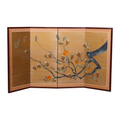 Vintage Asian Japanese Hand Painted Four Panel Dividing Screen:: 20th Century