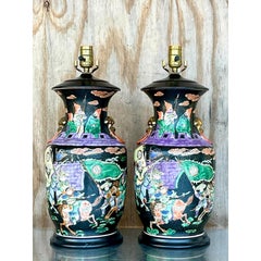 Vintage Asian Jewel Tone Chinoiserie Ceramic Lamps - a Pair