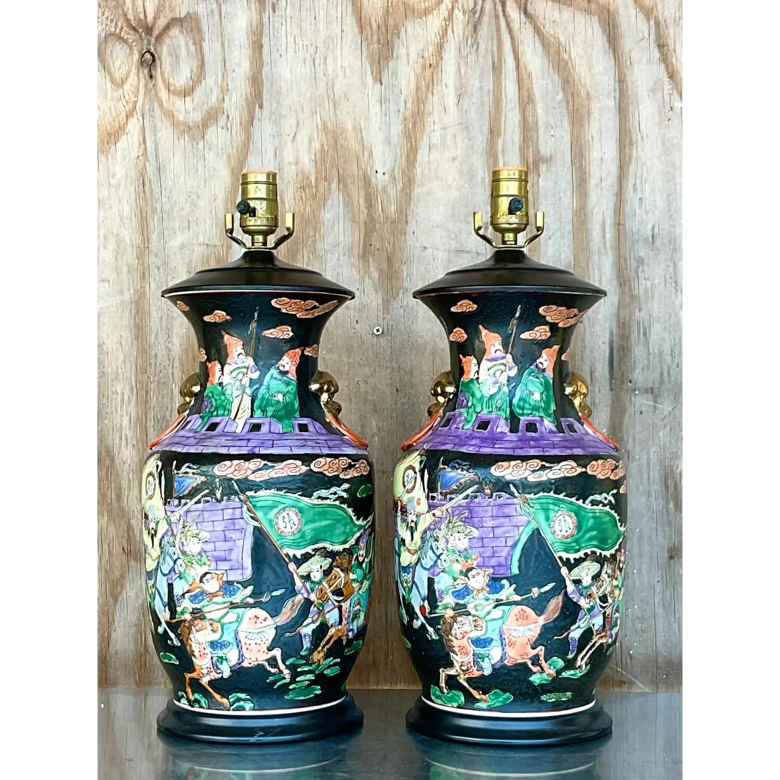 North American Vintage Asian Jewel Tone Chinoiserie Ceramic Lamps - a Pair For Sale
