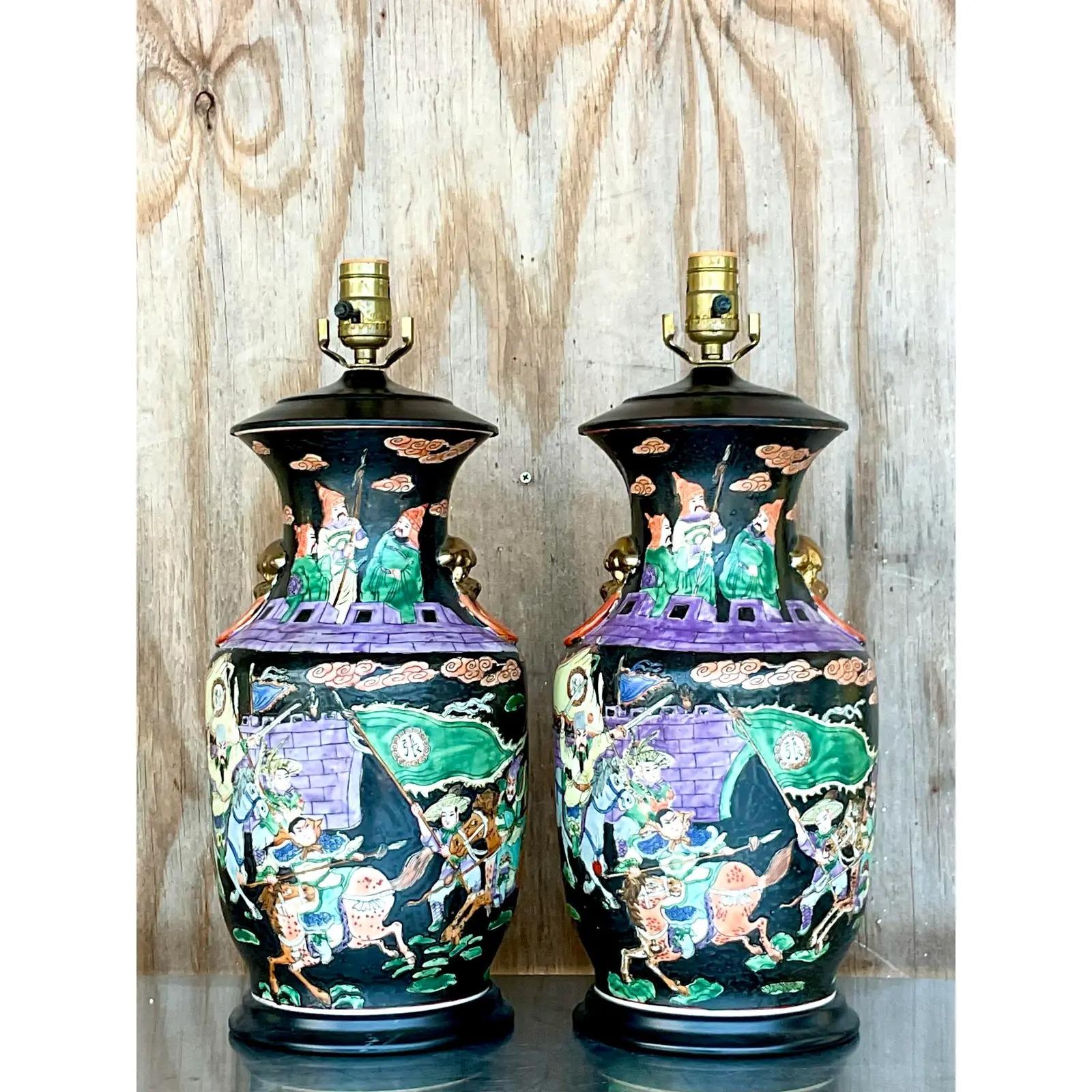 Vintage Asian Jewel Tone Chinoiserie Ceramic Lamps - a Pair In Good Condition For Sale In west palm beach, FL