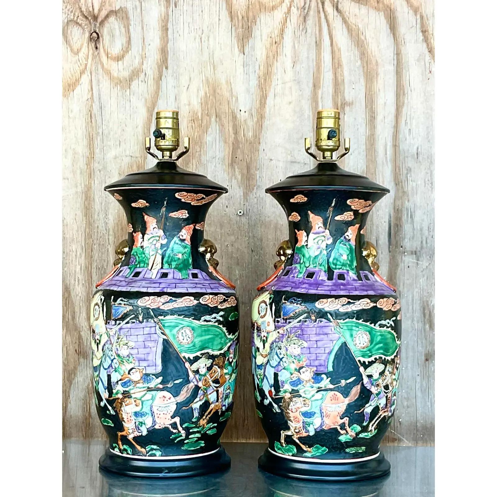 20th Century Vintage Asian Jewel Tone Chinoiserie Ceramic Lamps - a Pair For Sale