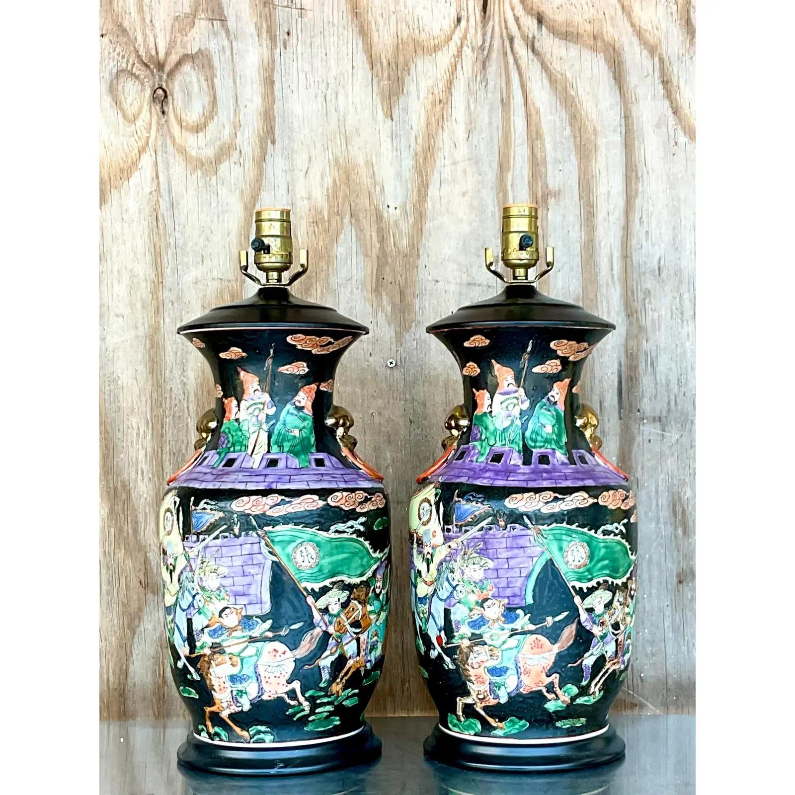 Vintage Asian Jewel Tone Chinoiserie Ceramic Lamps - a Pair For Sale 1