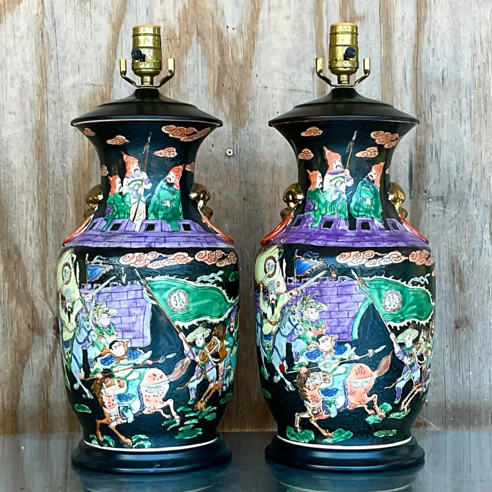 Vintage Asian Jewel Tone Chinoiserie Ceramic Lamps - a Pair For Sale 2