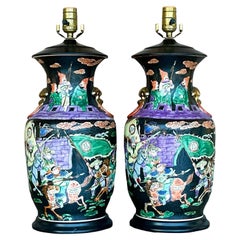 Vintage Asian Jewel Tone Chinoiserie Ceramic Lamps - a Pair
