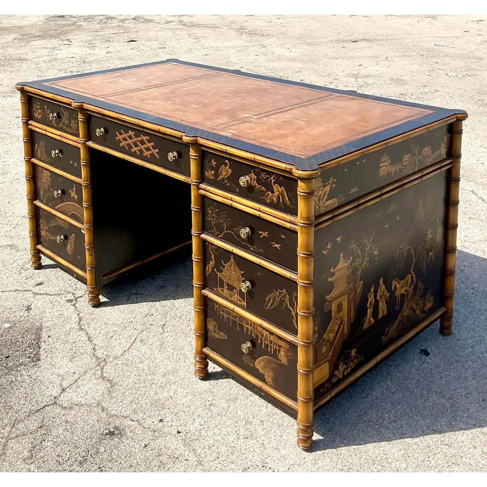 North American Vintage Asian Julia Gray Chinoiserie Partners Desk