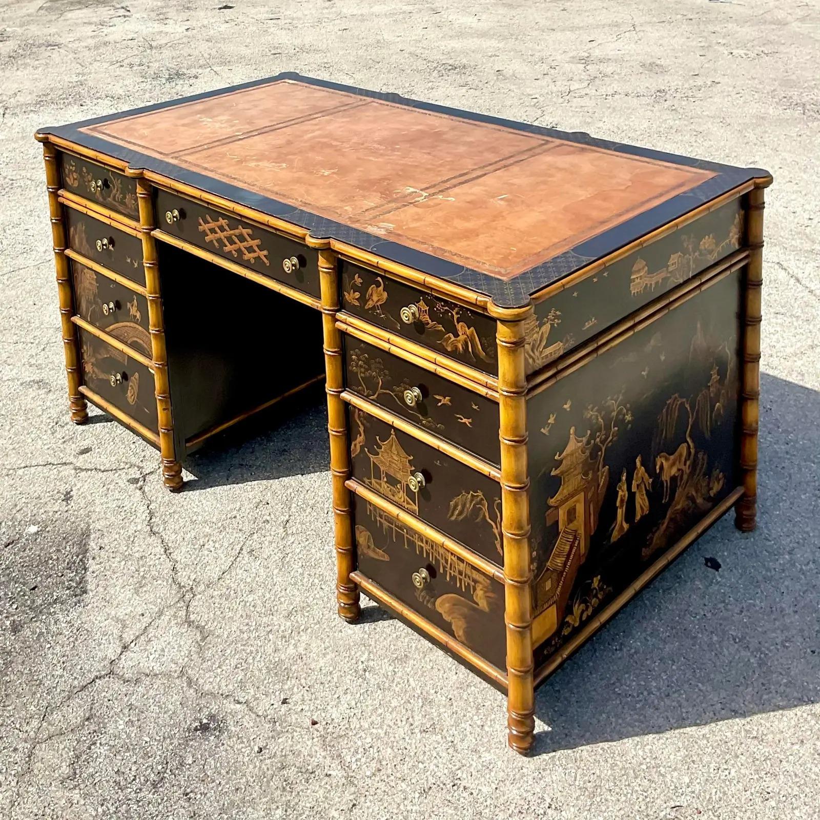 Vintage Asian Julia Gray Chinoiserie Partners Desk In Good Condition In west palm beach, FL