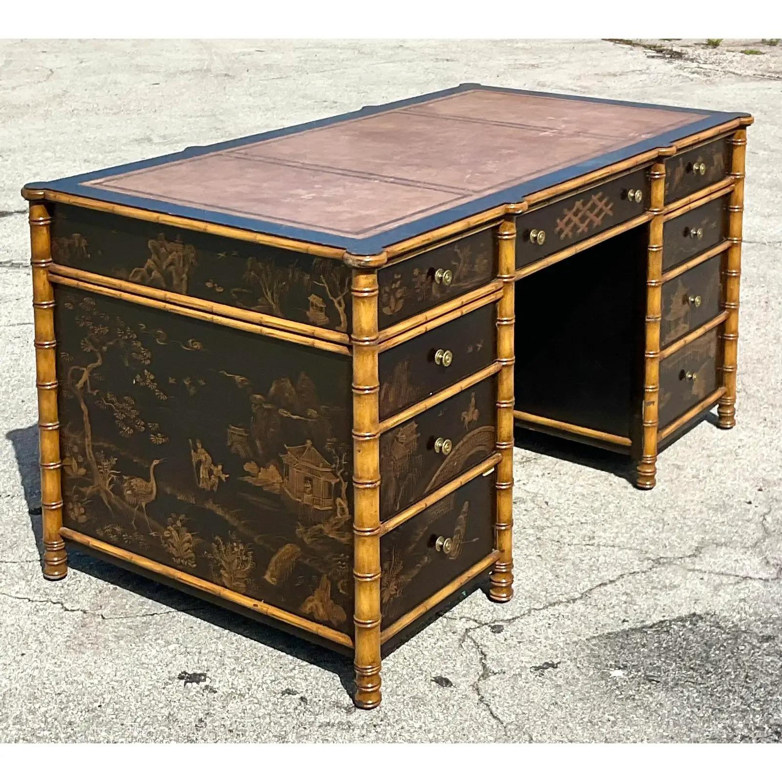 Gold Vintage Asian Julia Gray Chinoiserie Partners Desk