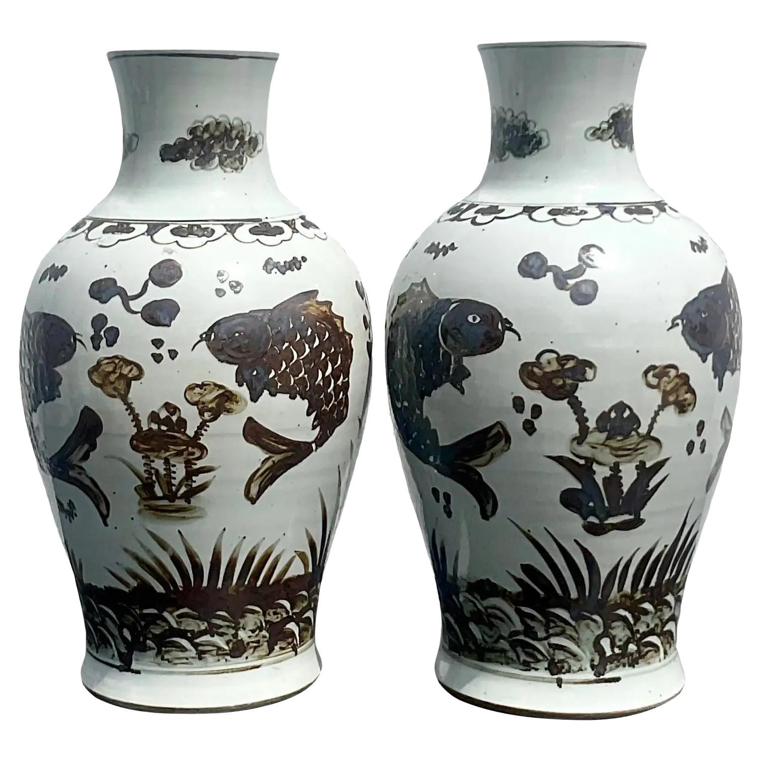 Large Oriental Ginger Jar, Vintage, Decorative Ceramic Vase, Koi Carp Fish at 1stDibs