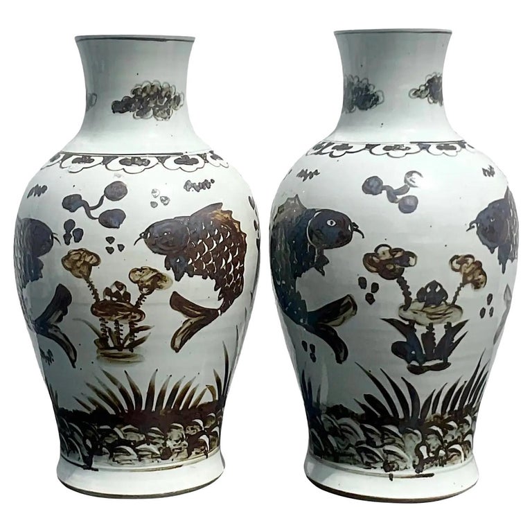 Vintage Asian Koi Fish Vases, a Pair For Sale at 1stDibs