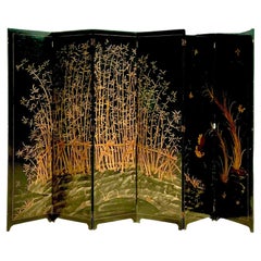 Vintage Asian Lacquered Bamboo Folding Screen