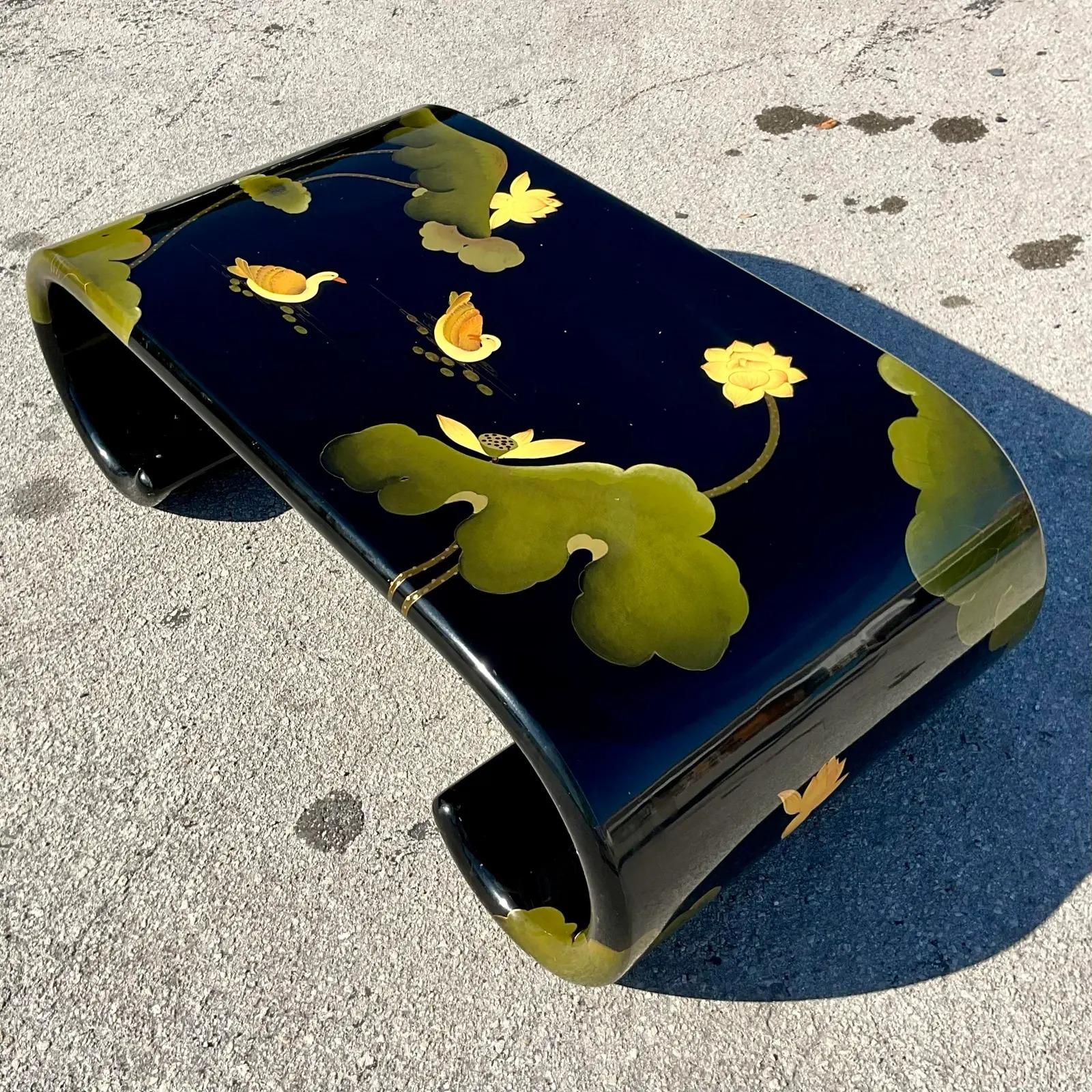 North American Vintage Asian Lacquered Chinoiserie Scroll Coffee Table