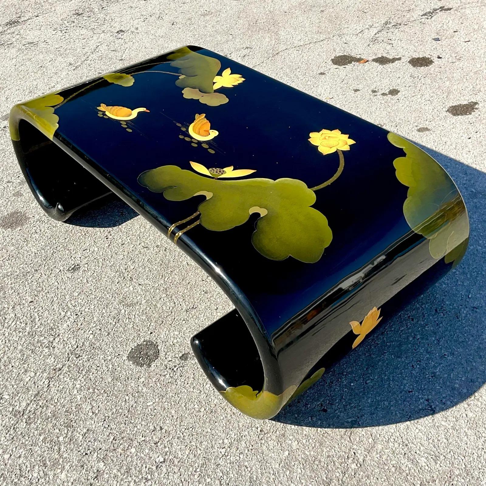 20th Century Vintage Asian Lacquered Chinoiserie Scroll Coffee Table