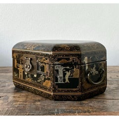Vintage Asian Lacquered Chinoiserie Sewing Box