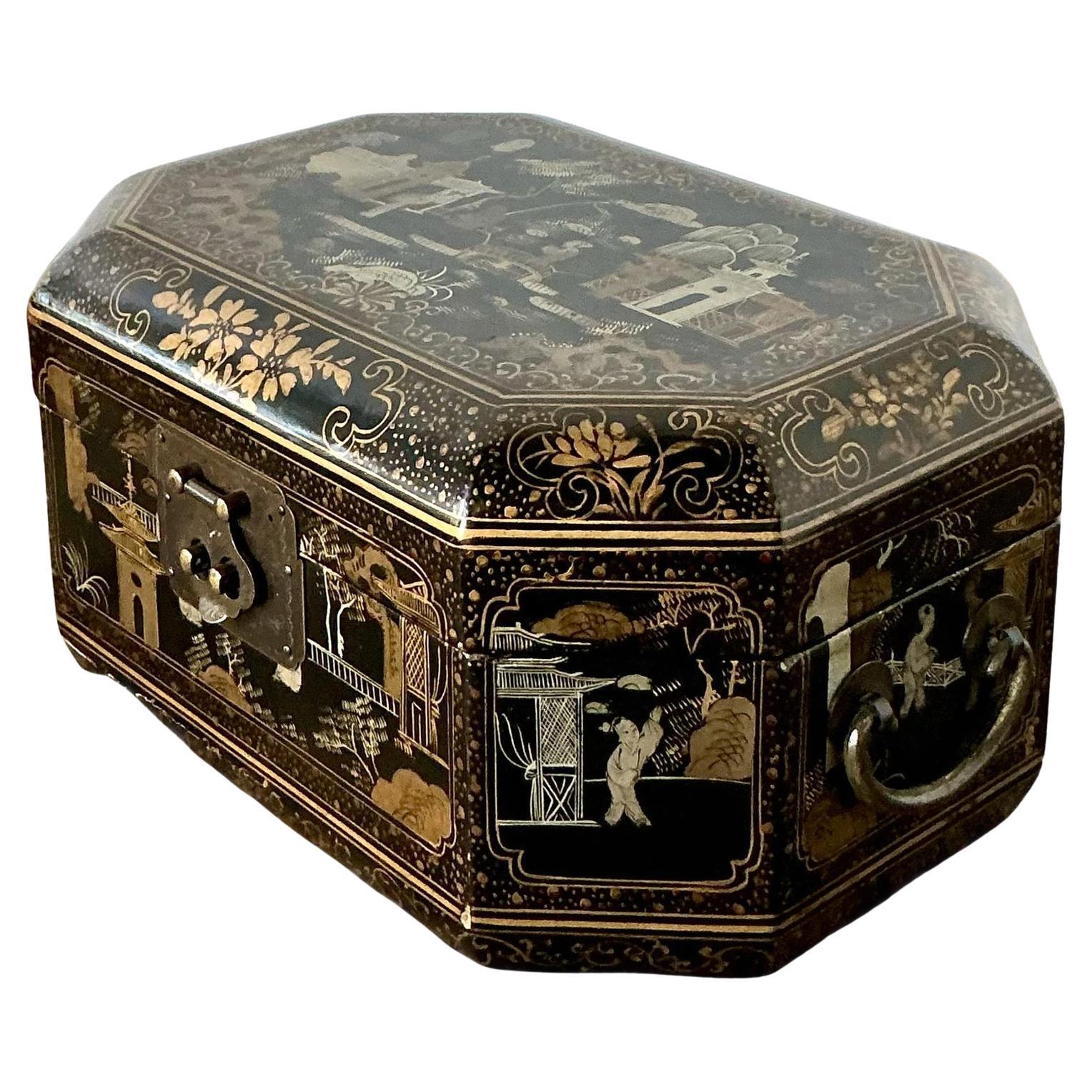 Vintage Asian Lacquered Chinoiserie Sewing Box