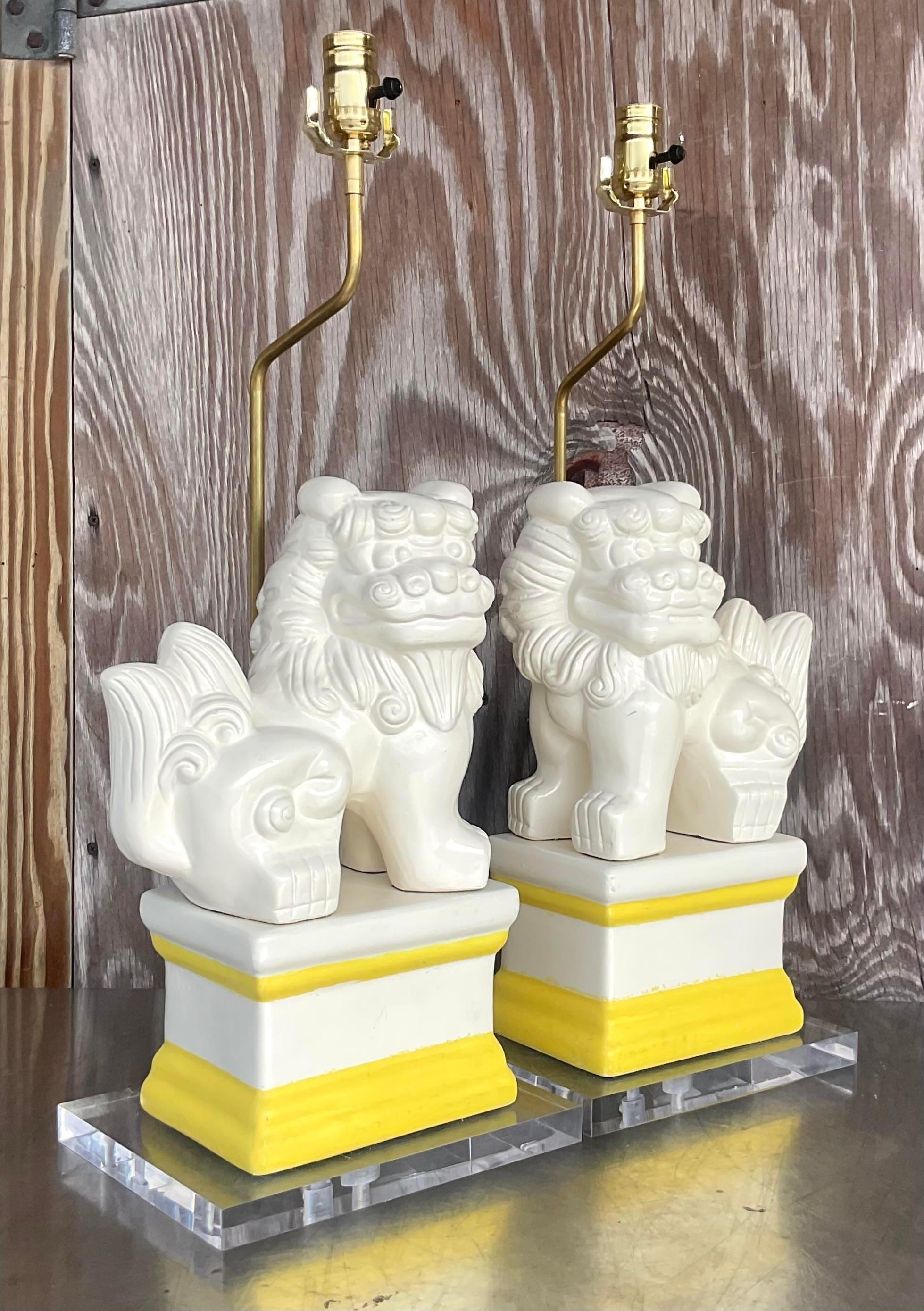 Vintage Asian Lacquered Foo Dog Lamps - a Pair In Good Condition For Sale In west palm beach, FL
